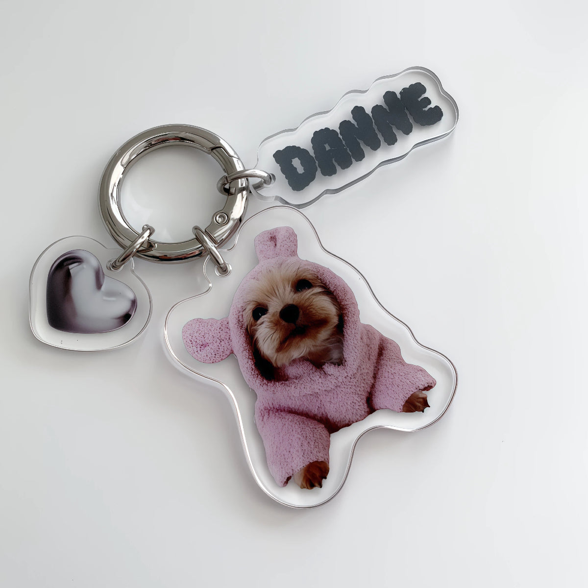Custom Clear Acrylic Pet Keychain – Portrait with Name & Heart